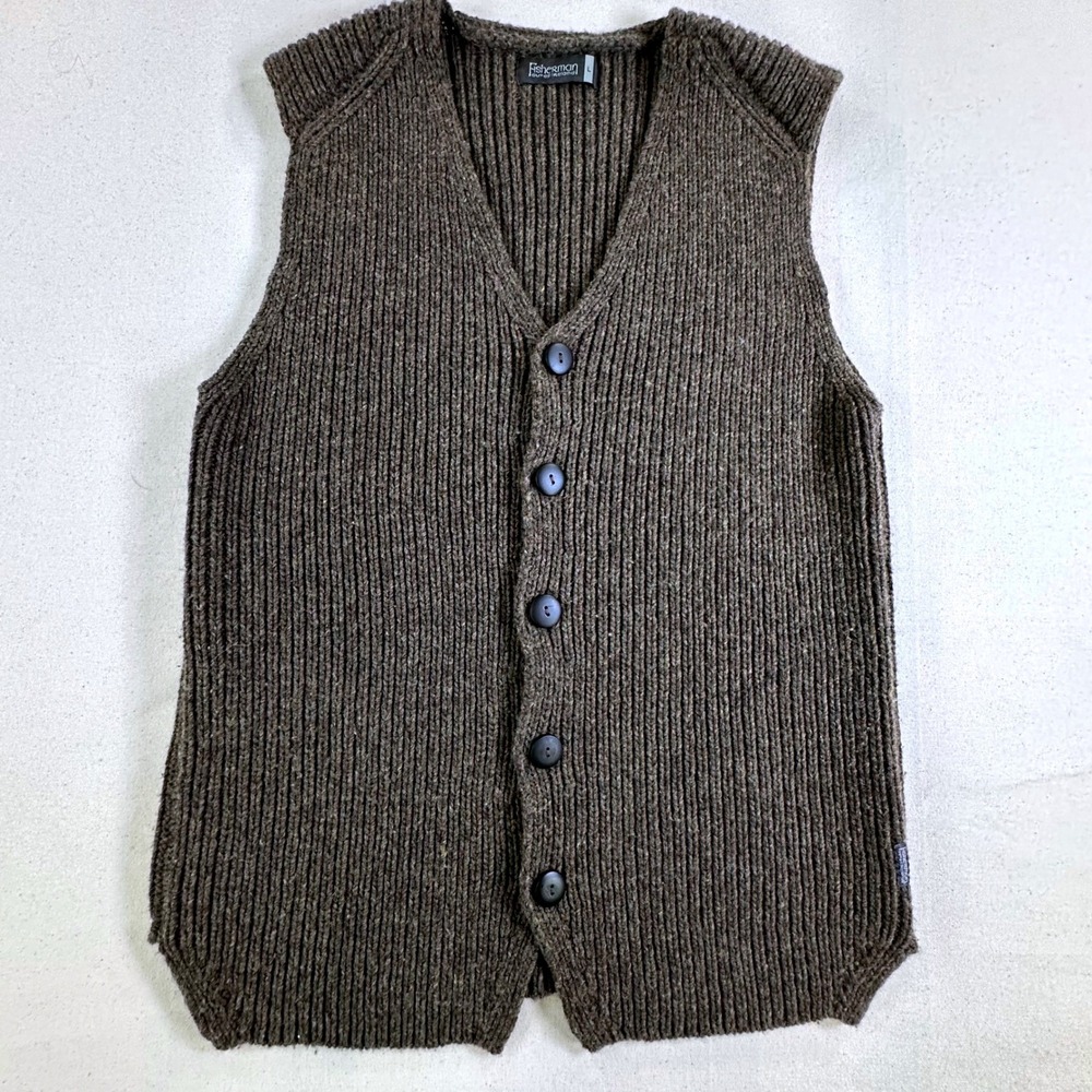 Fisherman Out of Ireland Mens Brown 100% Virgin Merino Wool Ribbed Cardigan Vest